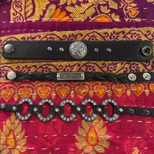 Black Leather Bracelet Set with Silver and Stone Accents